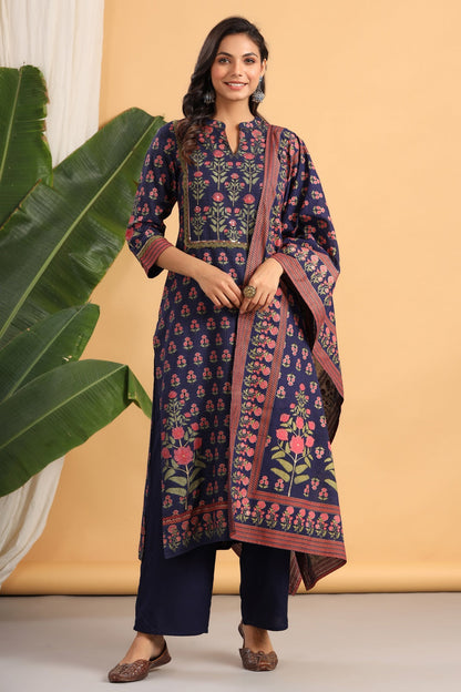 Navy Rayon Printed Straight Kurta Palazzo Dupatta Set