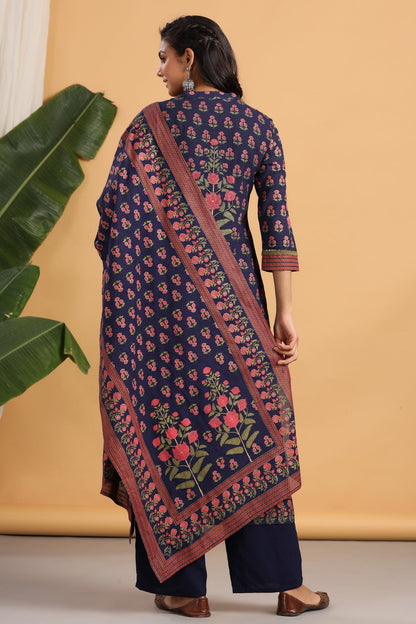 Navy Rayon Printed Straight Kurta Palazzo Dupatta Set