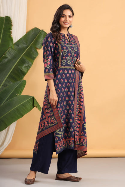Navy Rayon Printed Straight Kurta Palazzo Dupatta Set