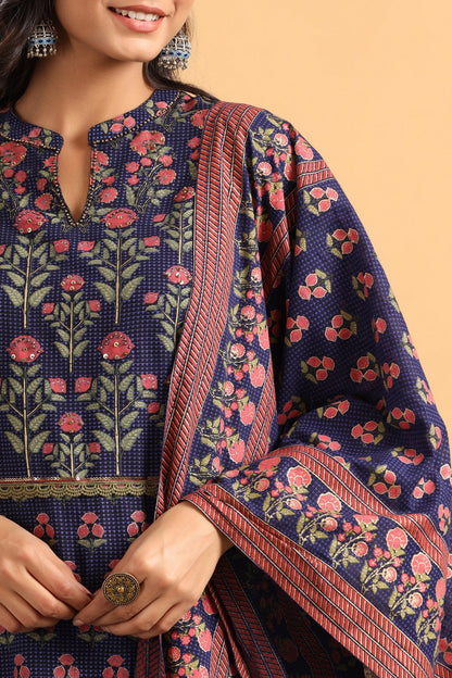 Navy Rayon Printed Straight Kurta Palazzo Dupatta Set
