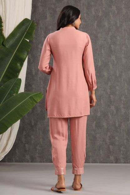 Onionpink Rayon Embroidered Straight Kurta Pant Set