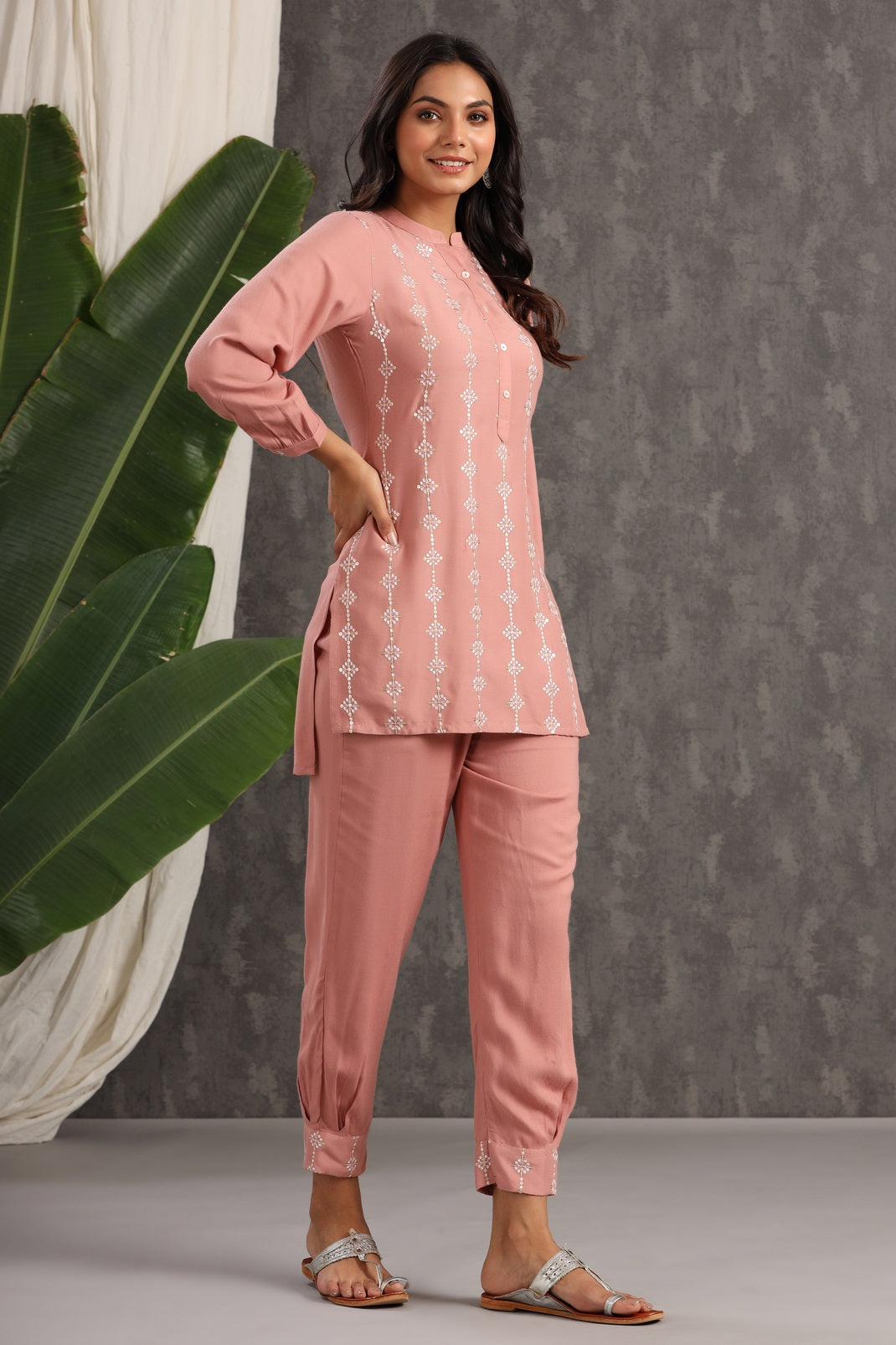 Onionpink Rayon Embroidered Straight Kurta Pant Set