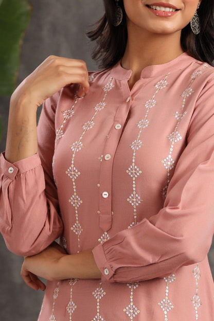 Onionpink Rayon Embroidered Straight Kurta Pant Set