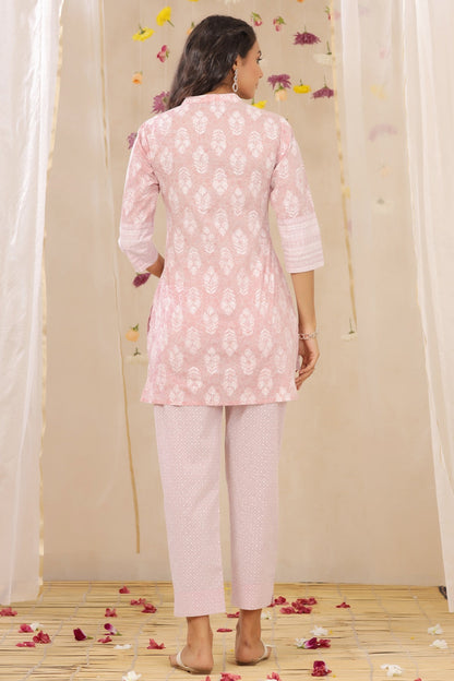 Lavender Cambric Printed High-Low Kurta Pant Set