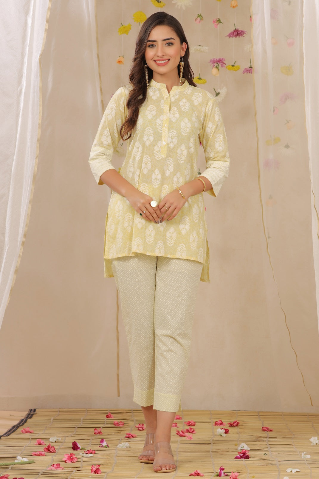 Limeyellow Cambric Printed High-Low Kurta Pant Set