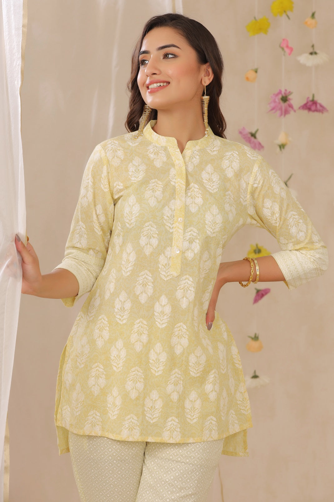 Limeyellow Cambric Printed High-Low Kurta Pant Set