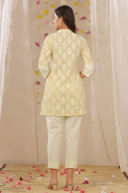 Limeyellow Cambric Printed High-Low Kurta Pant Set