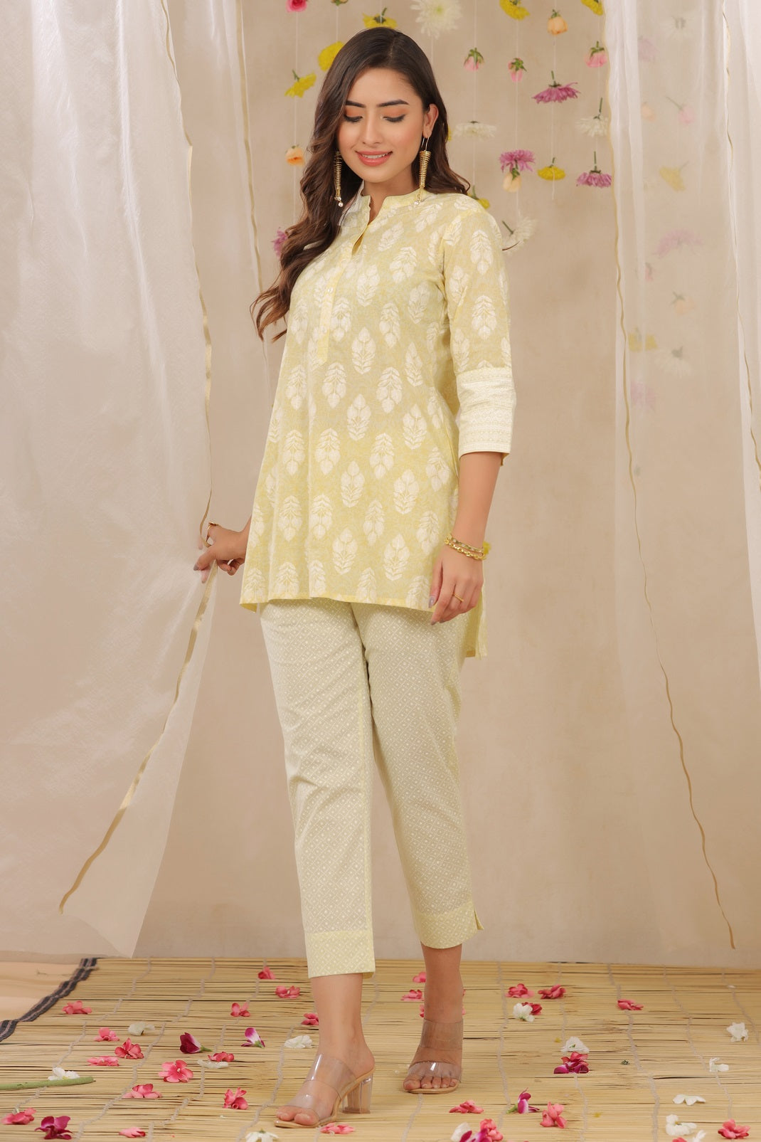Limeyellow Cambric Printed High-Low Kurta Pant Set