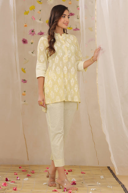 Limeyellow Cambric Printed High-Low Kurta Pant Set