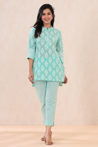 Mint Cambric Printed High-Low Kurta Pant Set