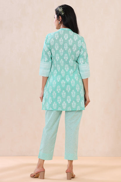 Mint Cambric Printed High-Low Kurta Pant Set