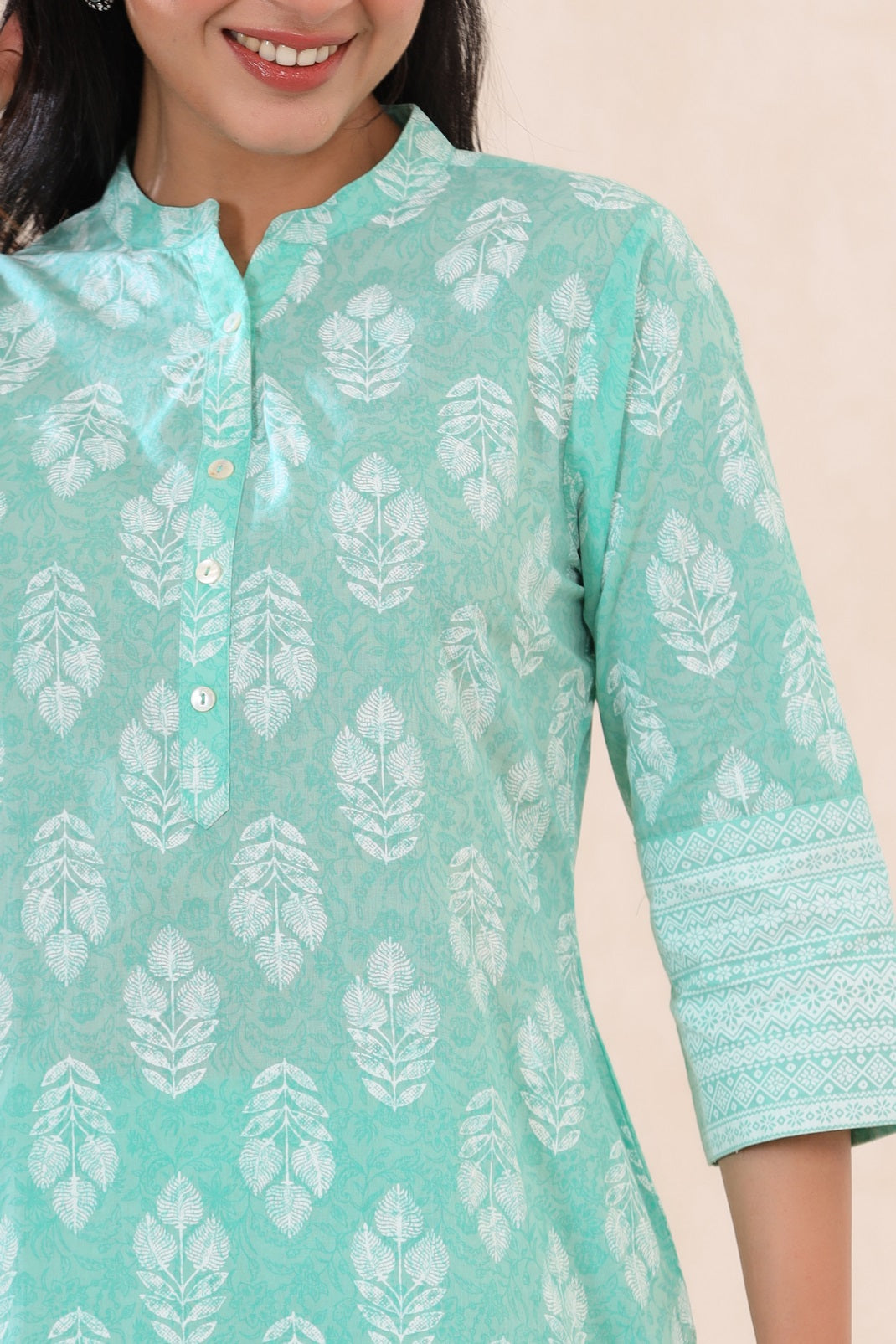 Mint Cambric Printed High-Low Kurta Pant Set