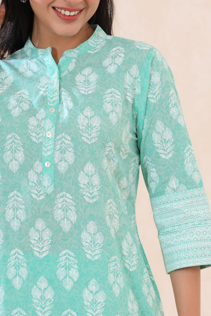 Mint Cambric Printed High-Low Kurta Pant Set