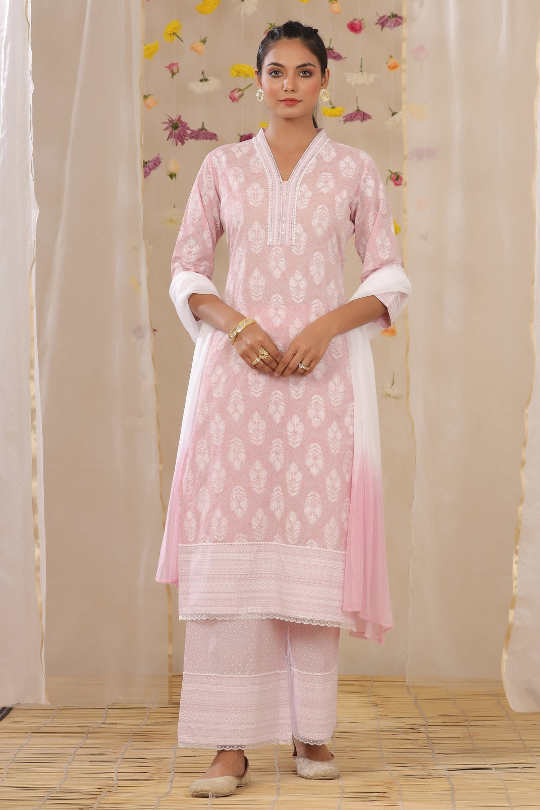 Lavender Cambric Printed Straight Kurta Palazzo Dupatta Set