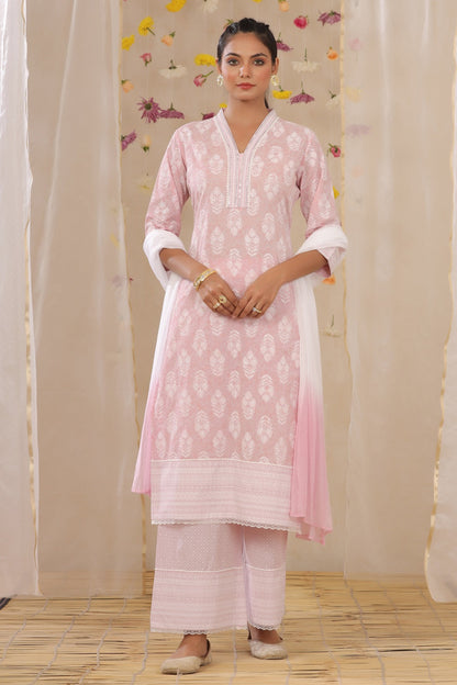 Lavender Cambric Printed Straight Kurta Palazzo Dupatta Set