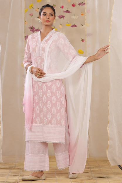 Lavender Cambric Printed Straight Kurta Palazzo Dupatta Set