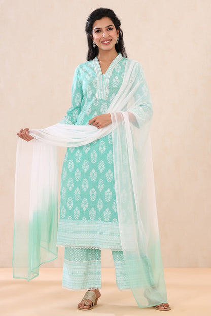 Mint Cambric Printed Straight Kurta Palazzo Dupatta Set