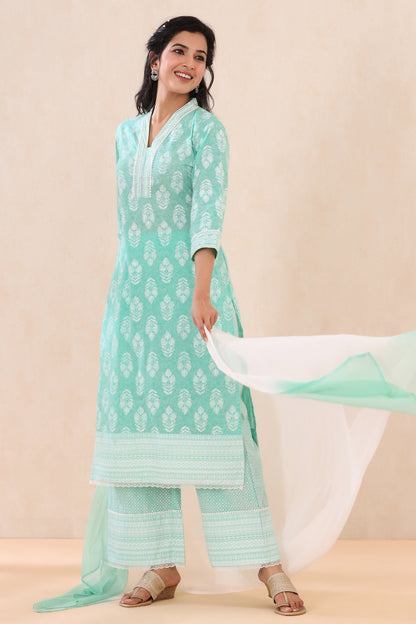 Mint Cambric Printed Straight Kurta Palazzo Dupatta Set