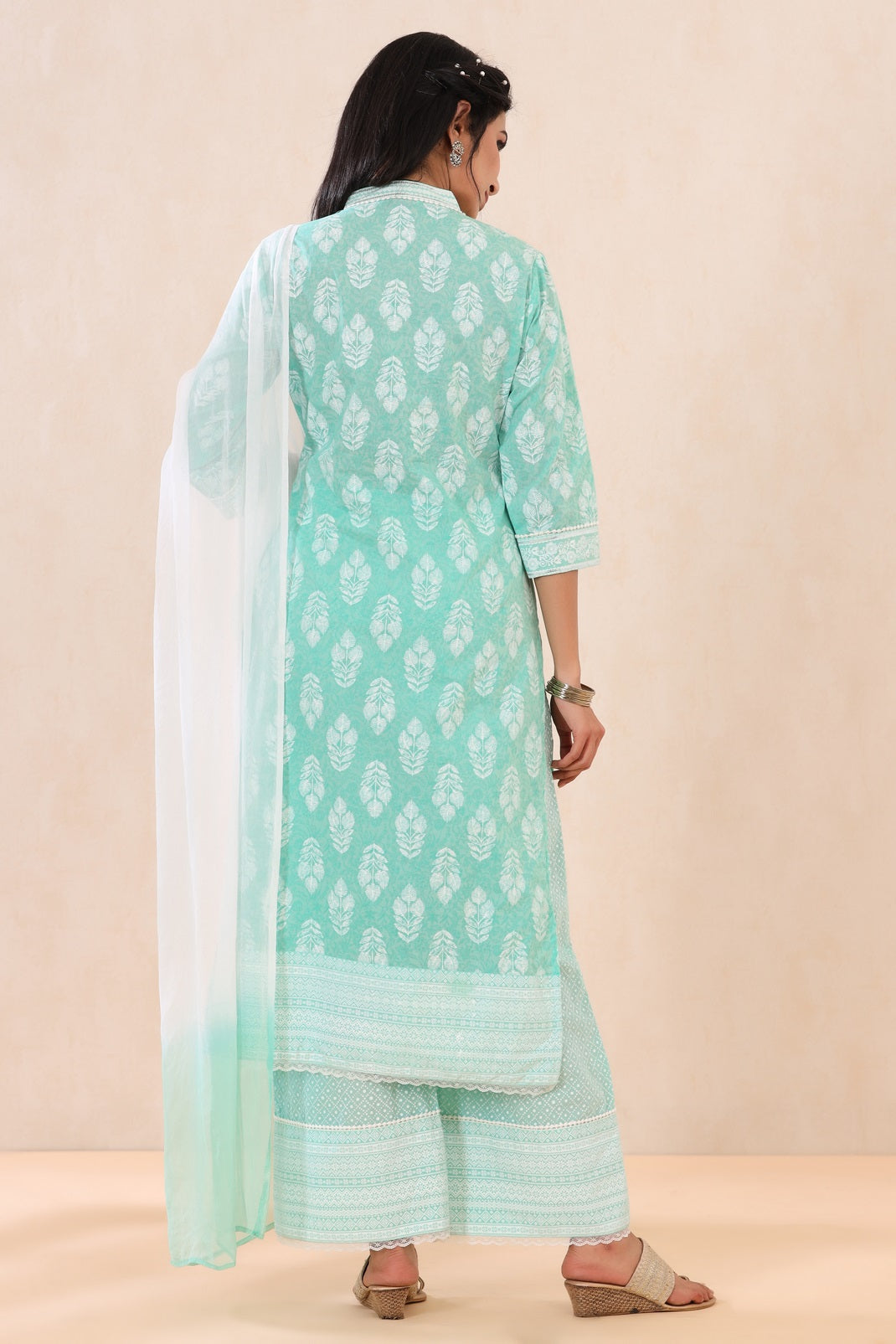 Mint Cambric Printed Straight Kurta Palazzo Dupatta Set