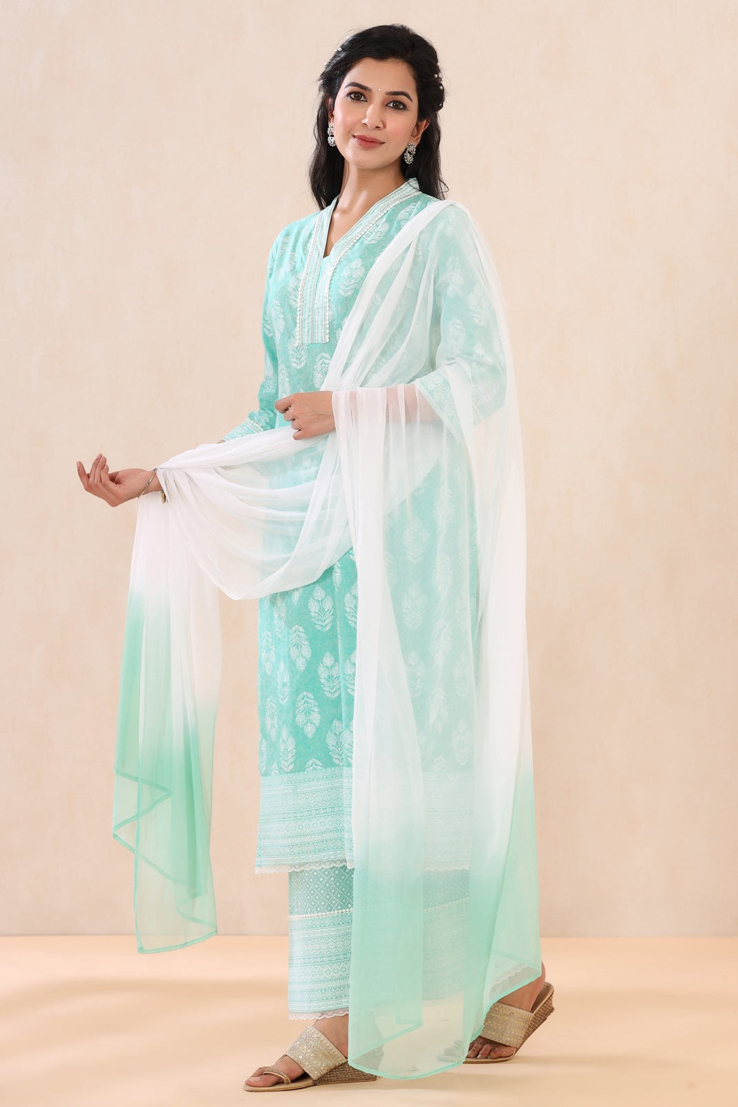 Mint Cambric Printed Straight Kurta Palazzo Dupatta Set