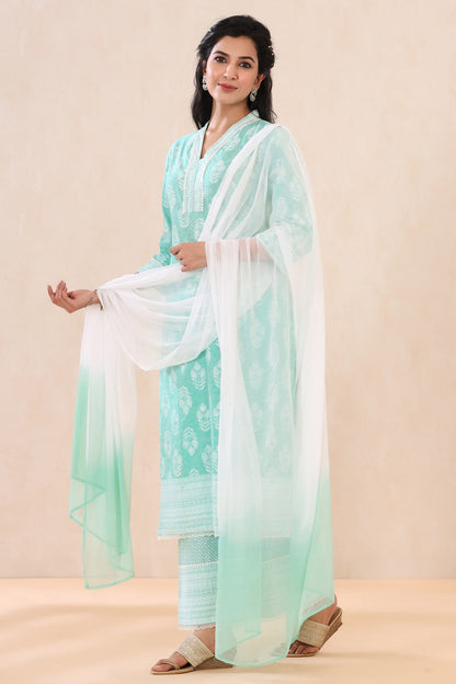Mint Cambric Printed Straight Kurta Palazzo Dupatta Set