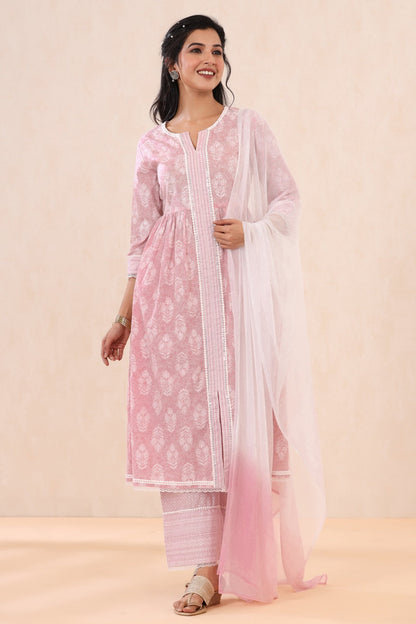 Lavender Cambric Printed Straight Kurta Palazzo Dupatta Set