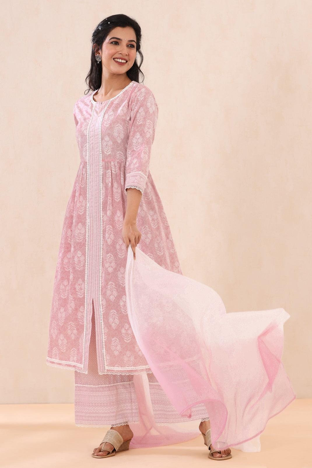 Lavender Cambric Printed Straight Kurta Palazzo Dupatta Set