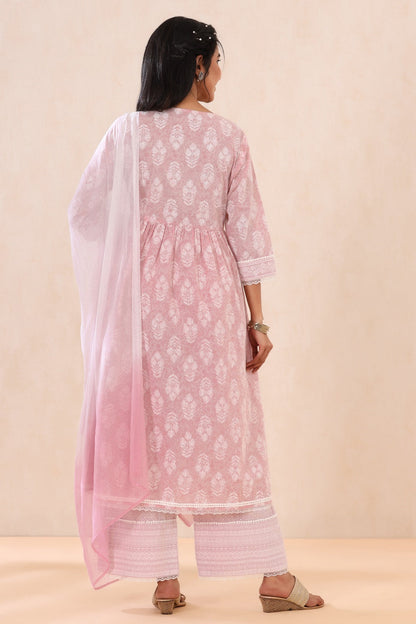 Lavender Cambric Printed Straight Kurta Palazzo Dupatta Set