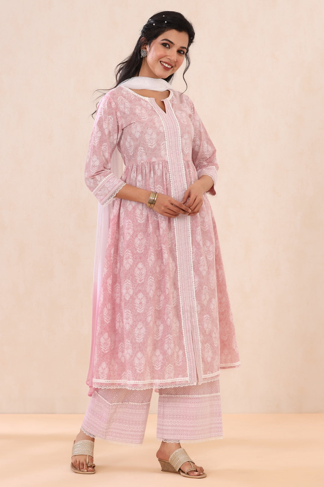 Lavender Cambric Printed Straight Kurta Palazzo Dupatta Set