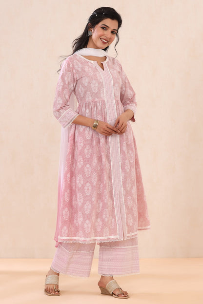 Lavender Cambric Printed Straight Kurta Palazzo Dupatta Set