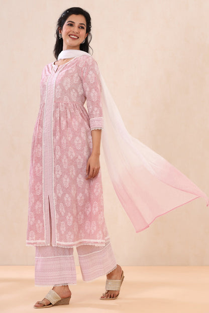 Lavender Cambric Printed Straight Kurta Palazzo Dupatta Set
