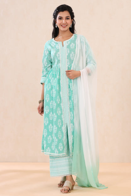 Mint Cambric Printed Straight Kurta Palazzo Dupatta Set