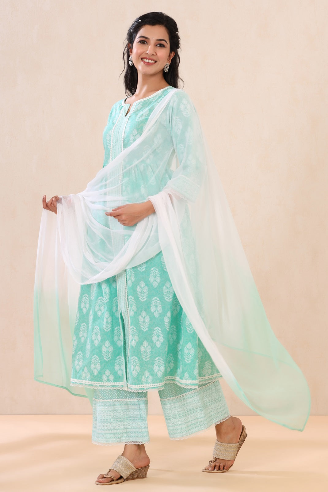 Mint Cambric Printed Straight Kurta Palazzo Dupatta Set
