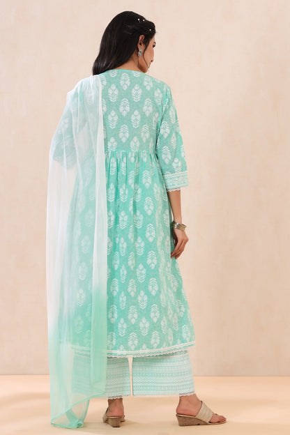 Mint Cambric Printed Straight Kurta Palazzo Dupatta Set