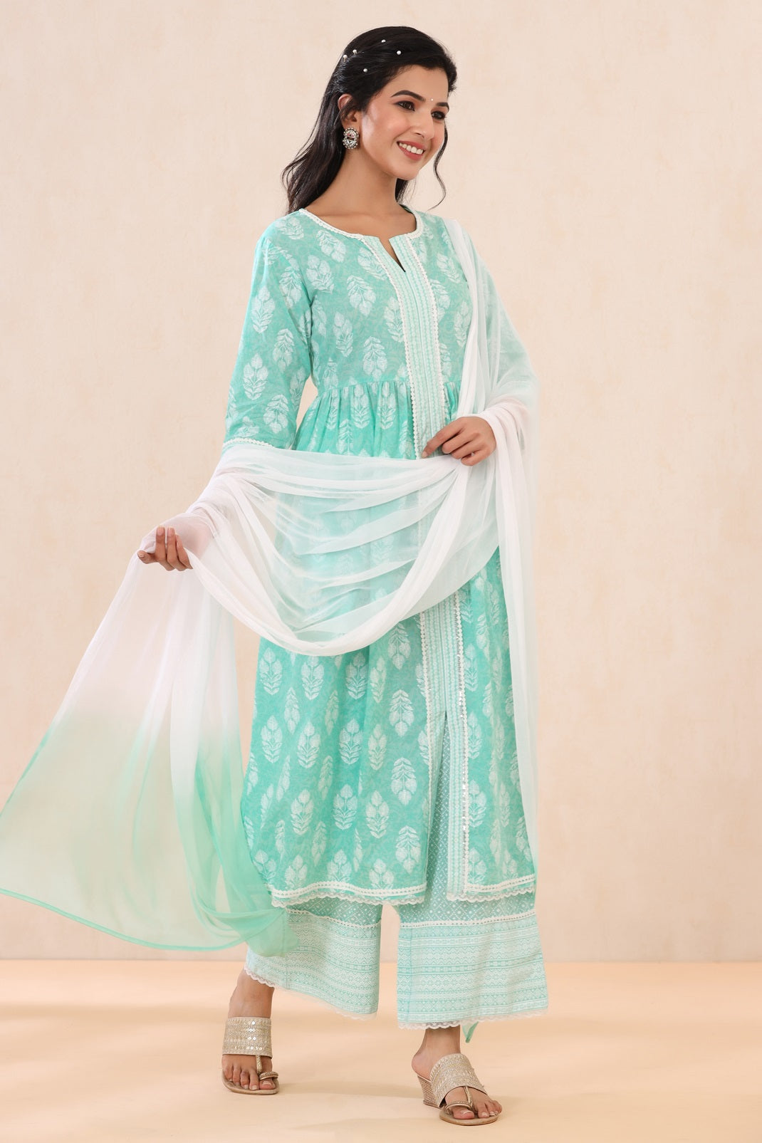Mint Cambric Printed Straight Kurta Palazzo Dupatta Set