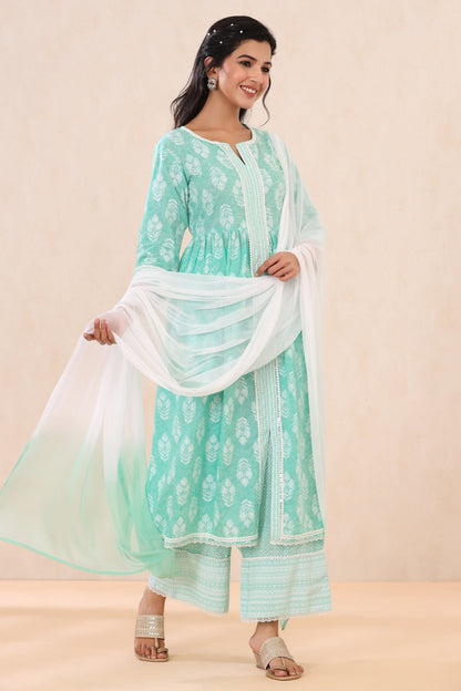 Mint Cambric Printed Straight Kurta Palazzo Dupatta Set