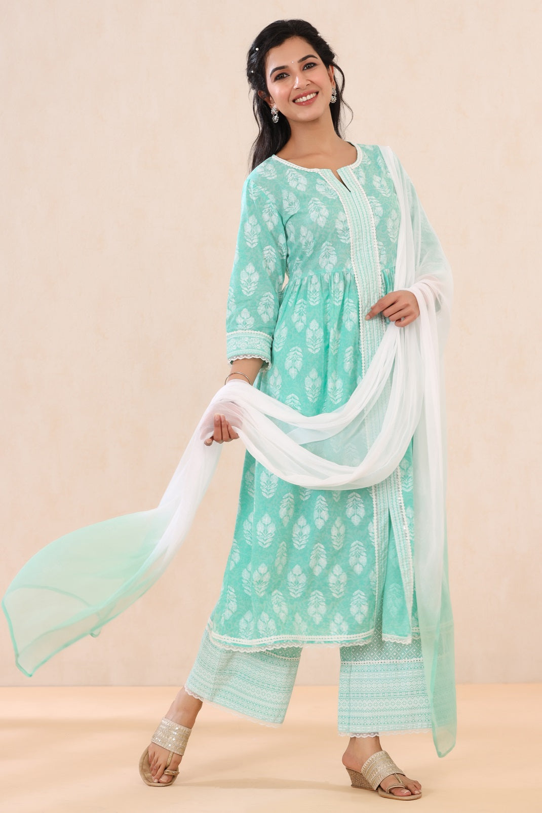 Mint Cambric Printed Straight Kurta Palazzo Dupatta Set