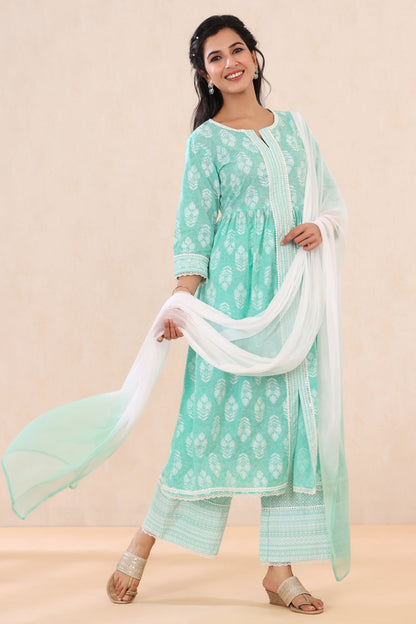 Mint Cambric Printed Straight Kurta Palazzo Dupatta Set