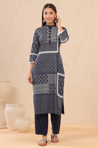 Indigo Rayon Printed Straight Kurta Palazzo Set