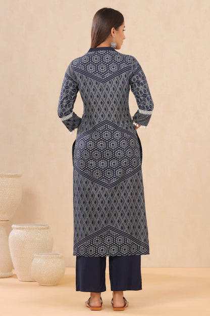 Indigo Rayon Printed Straight Kurta Palazzo Set