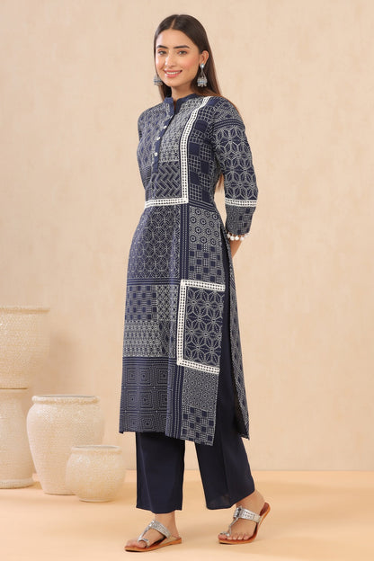 Indigo Rayon Printed Straight Kurta Palazzo Set