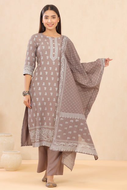 Grey Rayon Printed Straight Kurta Palazzo Dupatta Set