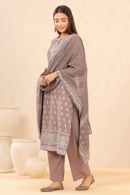Grey Rayon Printed Straight Kurta Palazzo Dupatta Set