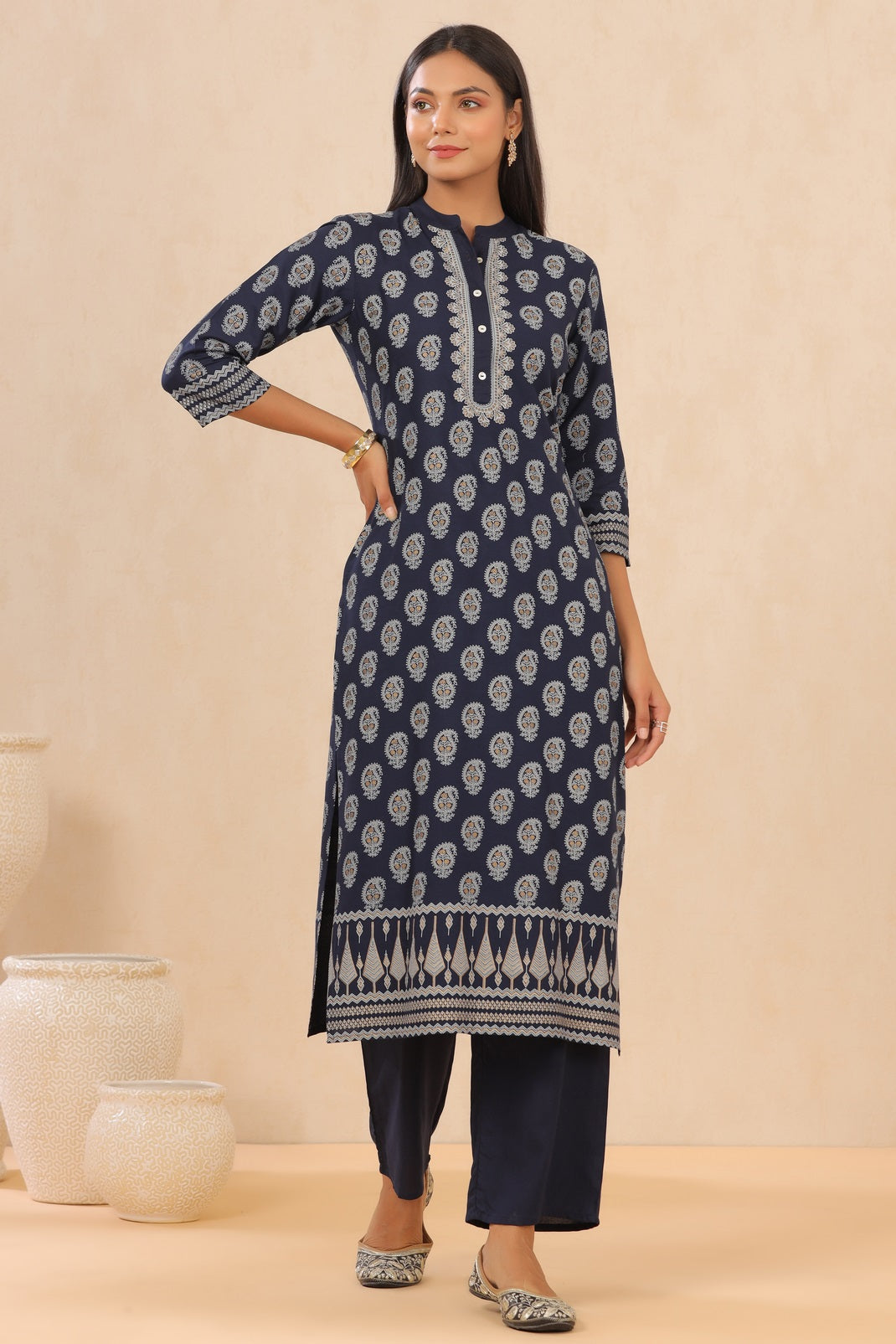 Indigo Rayon Printed Straight Kurta Palazzo Set