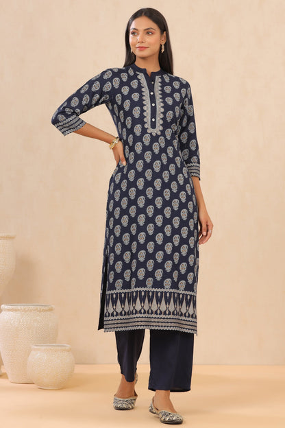 Indigo Rayon Printed Straight Kurta Palazzo Set