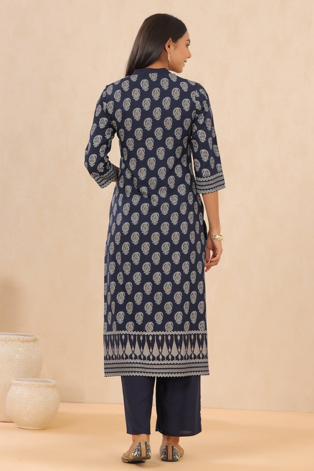 Indigo Rayon Printed Straight Kurta Palazzo Set