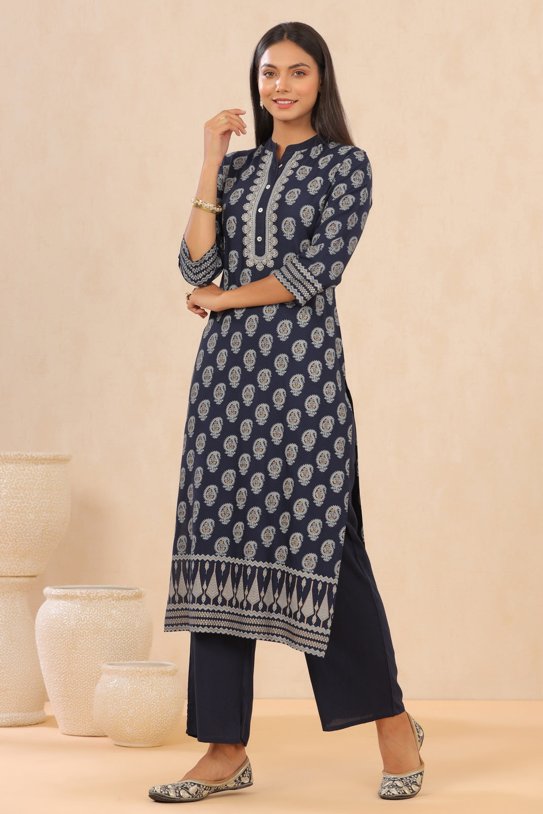 Indigo Rayon Printed Straight Kurta Palazzo Set