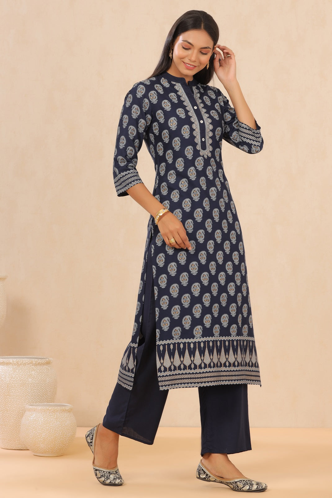 Indigo Rayon Printed Straight Kurta Palazzo Set