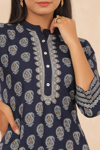 Indigo Rayon Printed Straight Kurta Palazzo Set