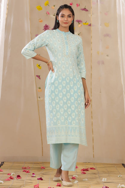 Powderblue Rayon Printed Straight Kurta Palazzo Set